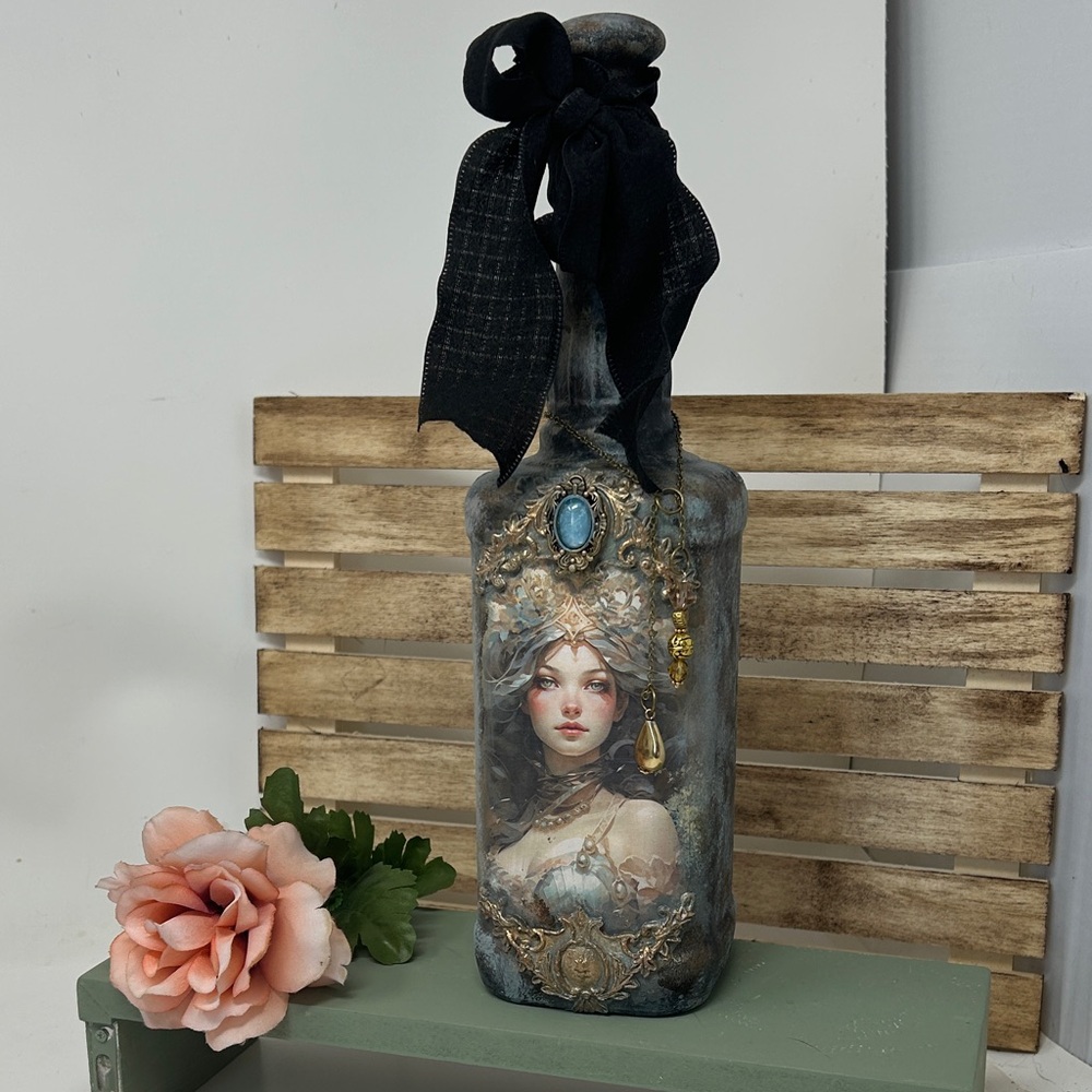 Hand Crafted Decorative Painted Bottle with Regal Female Portrait